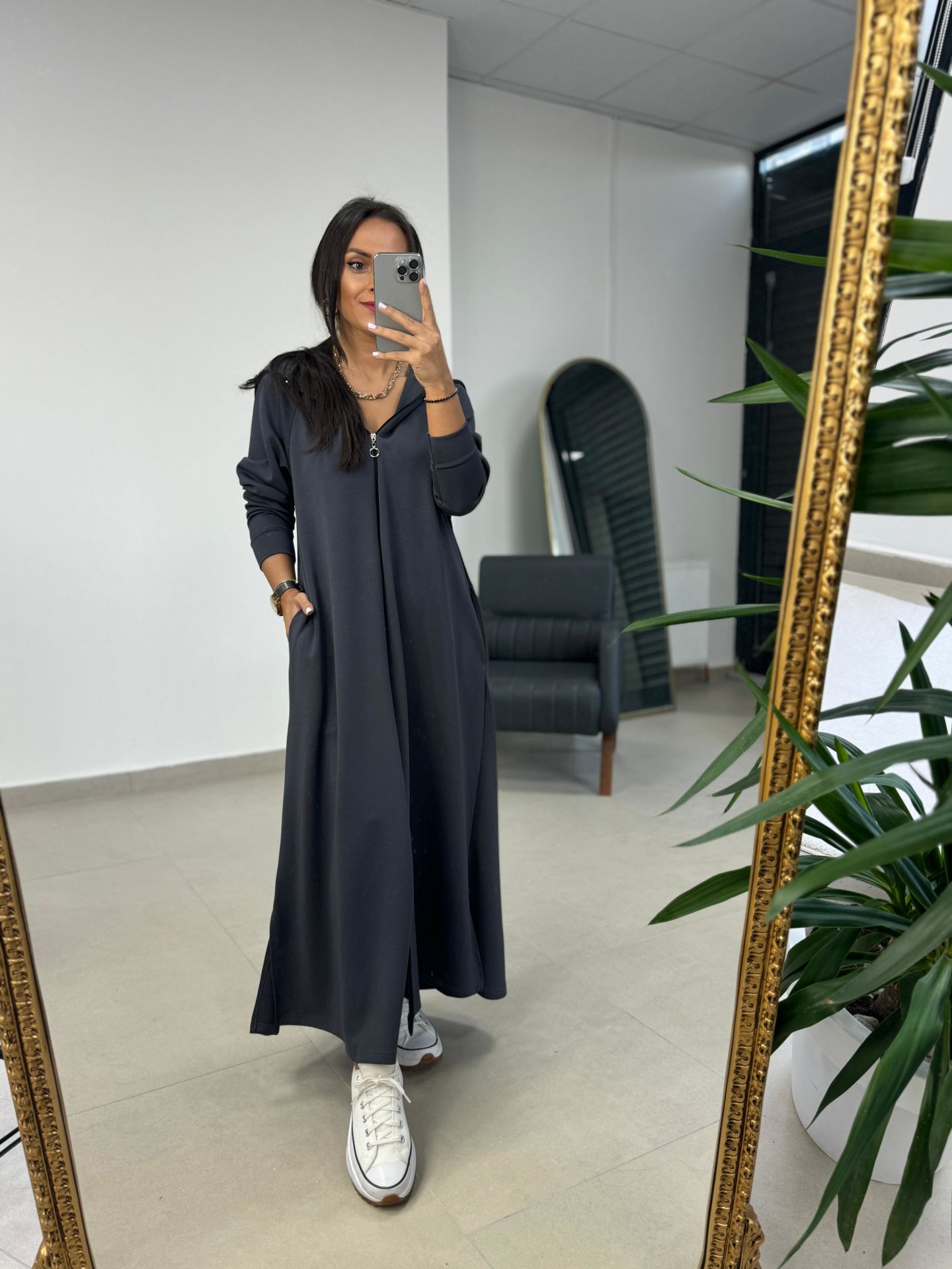 Dr 8137 Gray Zippered Hooded Modal Dress