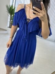 Saks tül detaylı elbise
