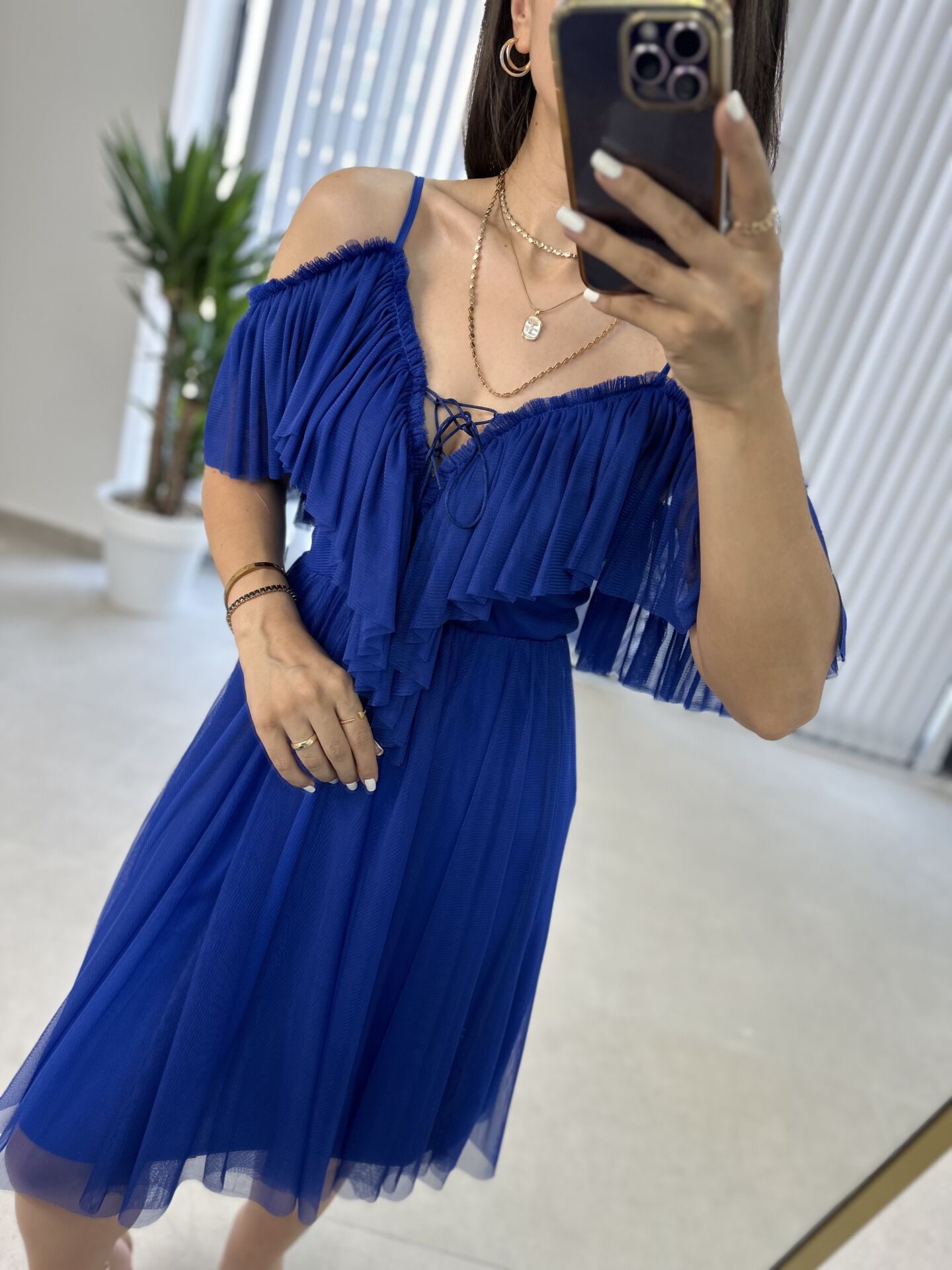 Saks tül detaylı elbise