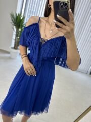 Saks tül detaylı elbise