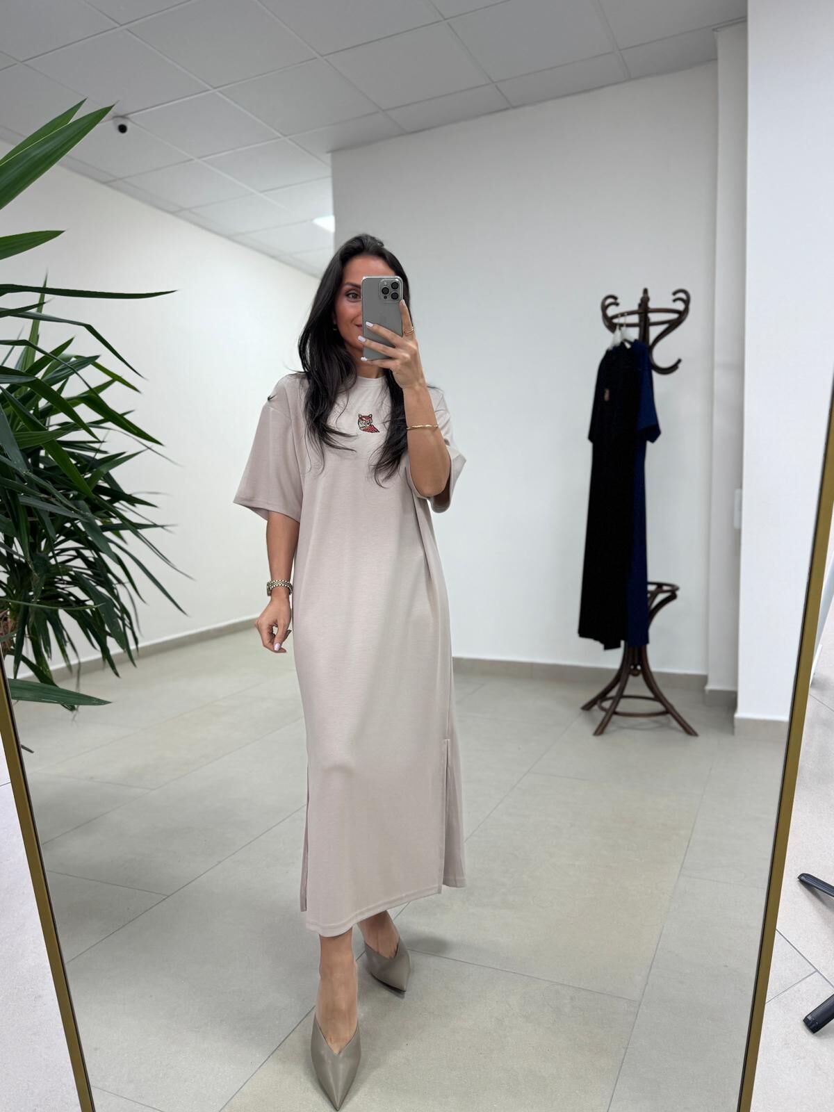 Bh 09512 Figür Detaylı Modal Taş Midi Elbise