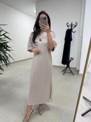 Bh 09512 Figür Detaylı Modal Taş Midi Elbise