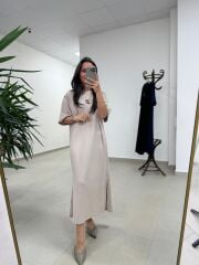 Bh 09512 Figür Detaylı Modal Taş Midi Elbise