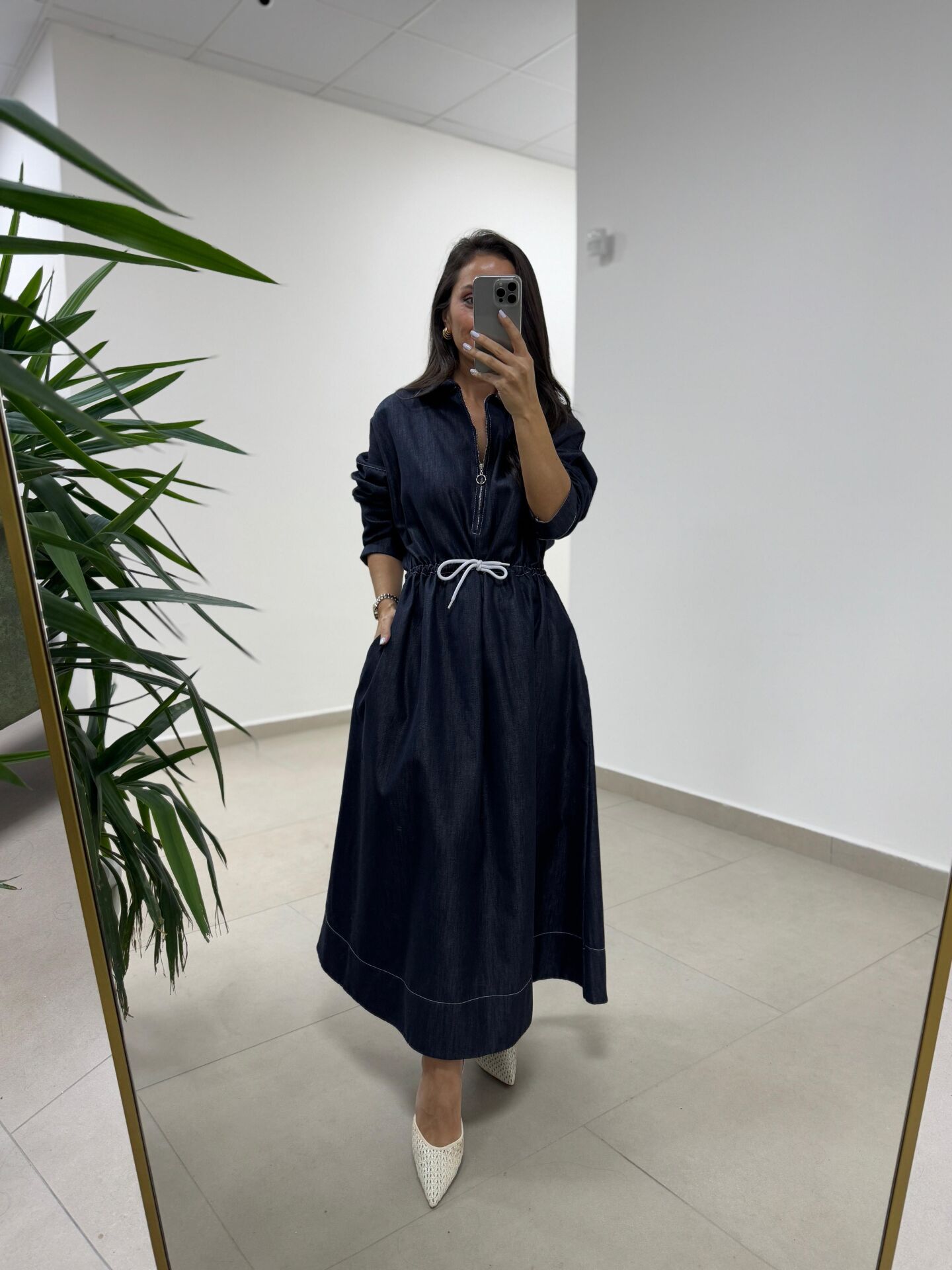 Dr 8551 Bel Bağcıklı Denim Elbise