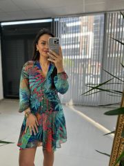 Ays Palmiyeli Desenli Şifon Elbise