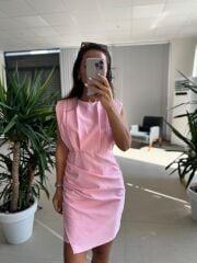 My 3794 Omuz Pile Detaylı Pembe Taşlı Elbise