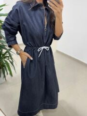 Dr 8551 Bel Bağcıklı Denim Elbise
