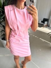 My 3794 Omuz Pile Detaylı Pembe Taşlı Elbise