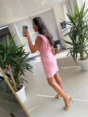 My 3794 Omuz Pile Detaylı Pembe Taşlı Elbise