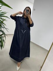Dr 8551 Bel Bağcıklı Denim Elbise