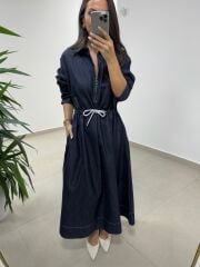 Dr 8551 Bel Bağcıklı Denim Elbise