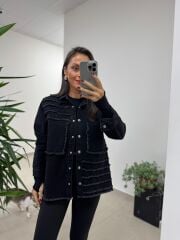 Spt 5060 Füme Şerit Püsküllü Siyah Denim Ceket