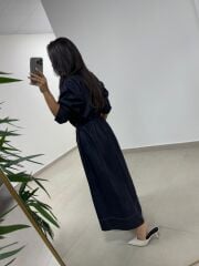 Dr 8551 Bel Bağcıklı Denim Elbise