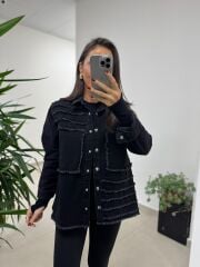 Spt 5060 Füme Şerit Püsküllü Siyah Denim Ceket