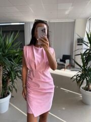 My 3794 Omuz Pile Detaylı Pembe Taşlı Elbise