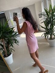 My 3794 Omuz Pile Detaylı Pembe Taşlı Elbise