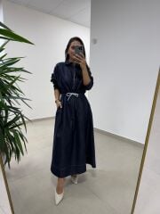 Dr 8551 Bel Bağcıklı Denim Elbise