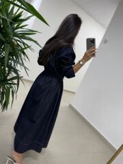 Dr 8551 Bel Bağcıklı Denim Elbise