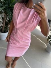 My 3794 Omuz Pile Detaylı Pembe Taşlı Elbise