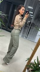 Zeytin Yeşili Palazzo Deri Pantolon