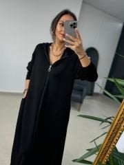 Dr 8137 Siyah Fermuarlı Kapüşonlu Modal Elbise