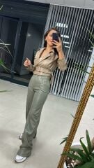 Zeytin Yeşili Palazzo Deri Pantolon