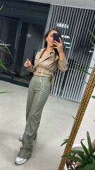 Zeytin Yeşili Palazzo Deri Pantolon