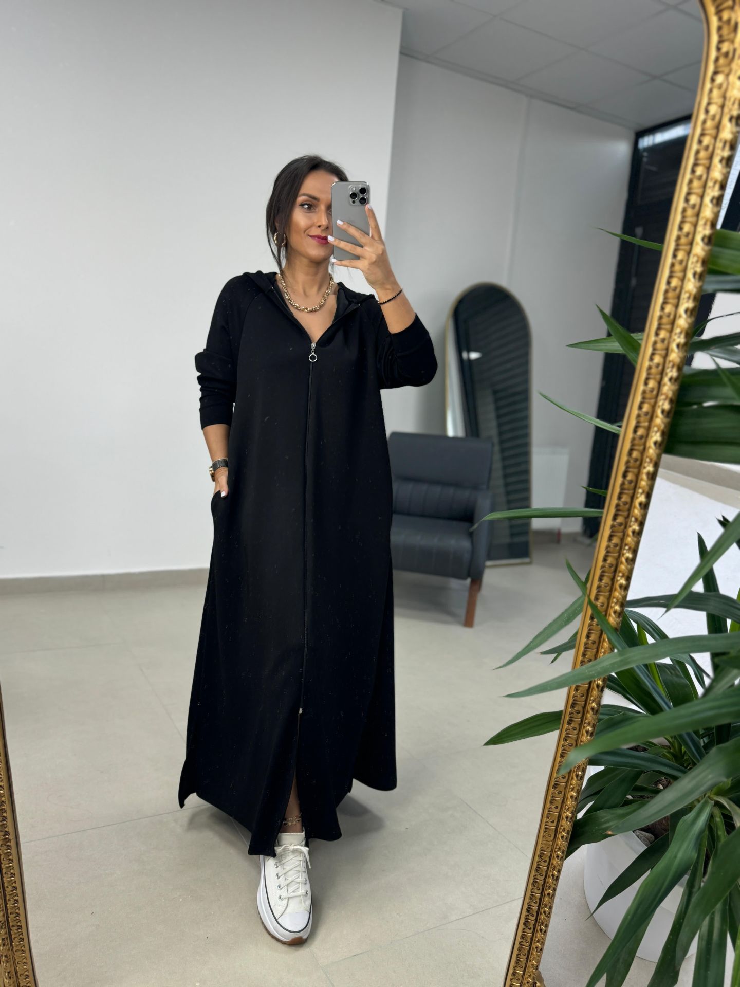 Dr 8137 Siyah Fermuarlı Kapüşonlu Modal Elbise