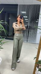 Zeytin Yeşili Palazzo Deri Pantolon