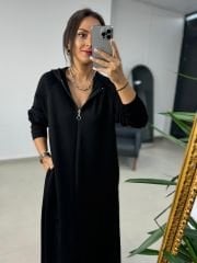Dr 8137 Siyah Fermuarlı Kapüşonlu Modal Elbise