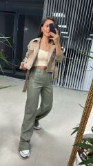 Zeytin Yeşili Palazzo Deri Pantolon