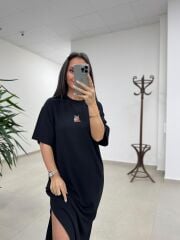 Bh 09512 Figür Detaylı Modal Siyah Midi Elbise