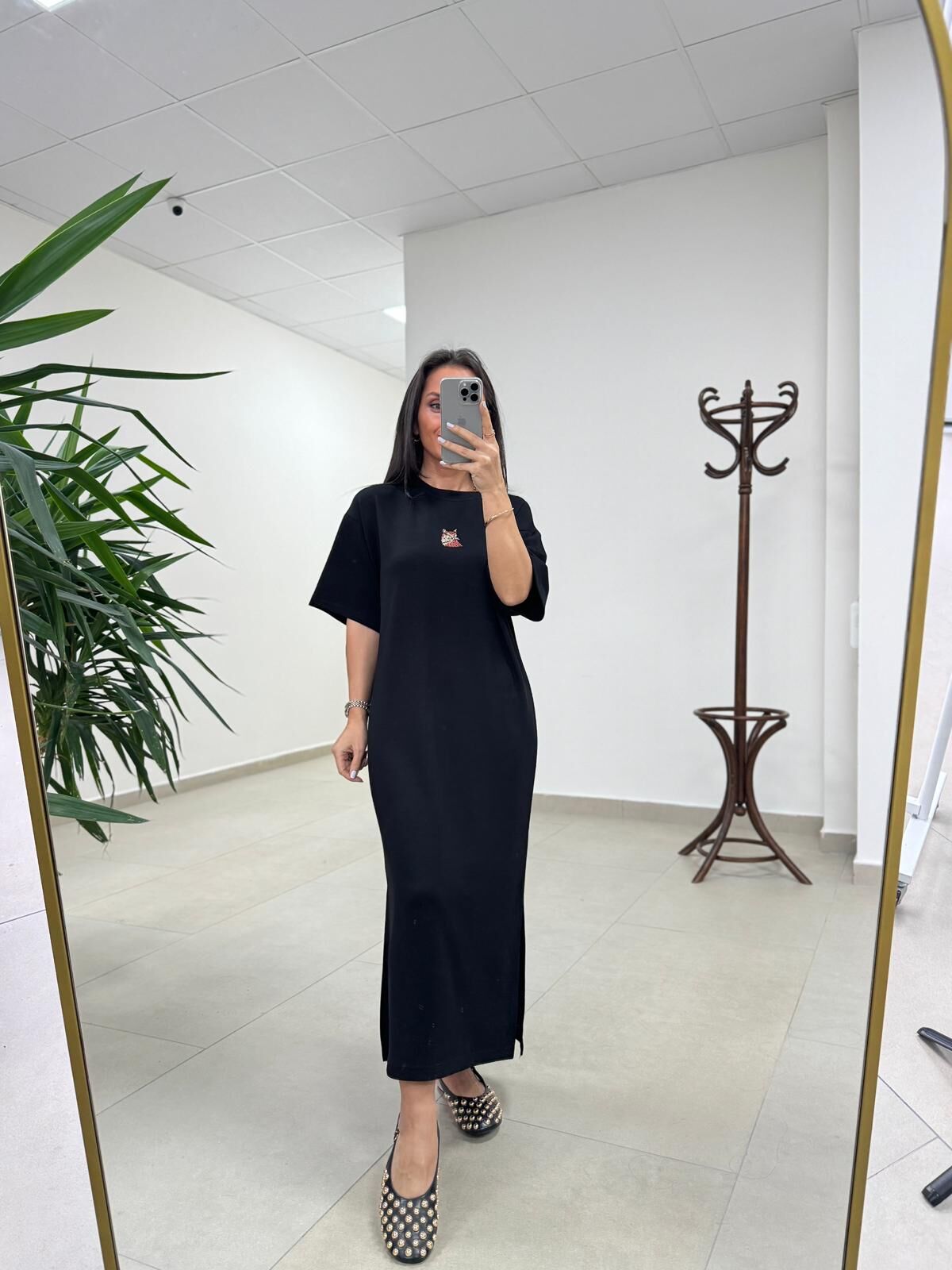 Bh 09512 Figür Detaylı Modal Siyah Midi Elbise