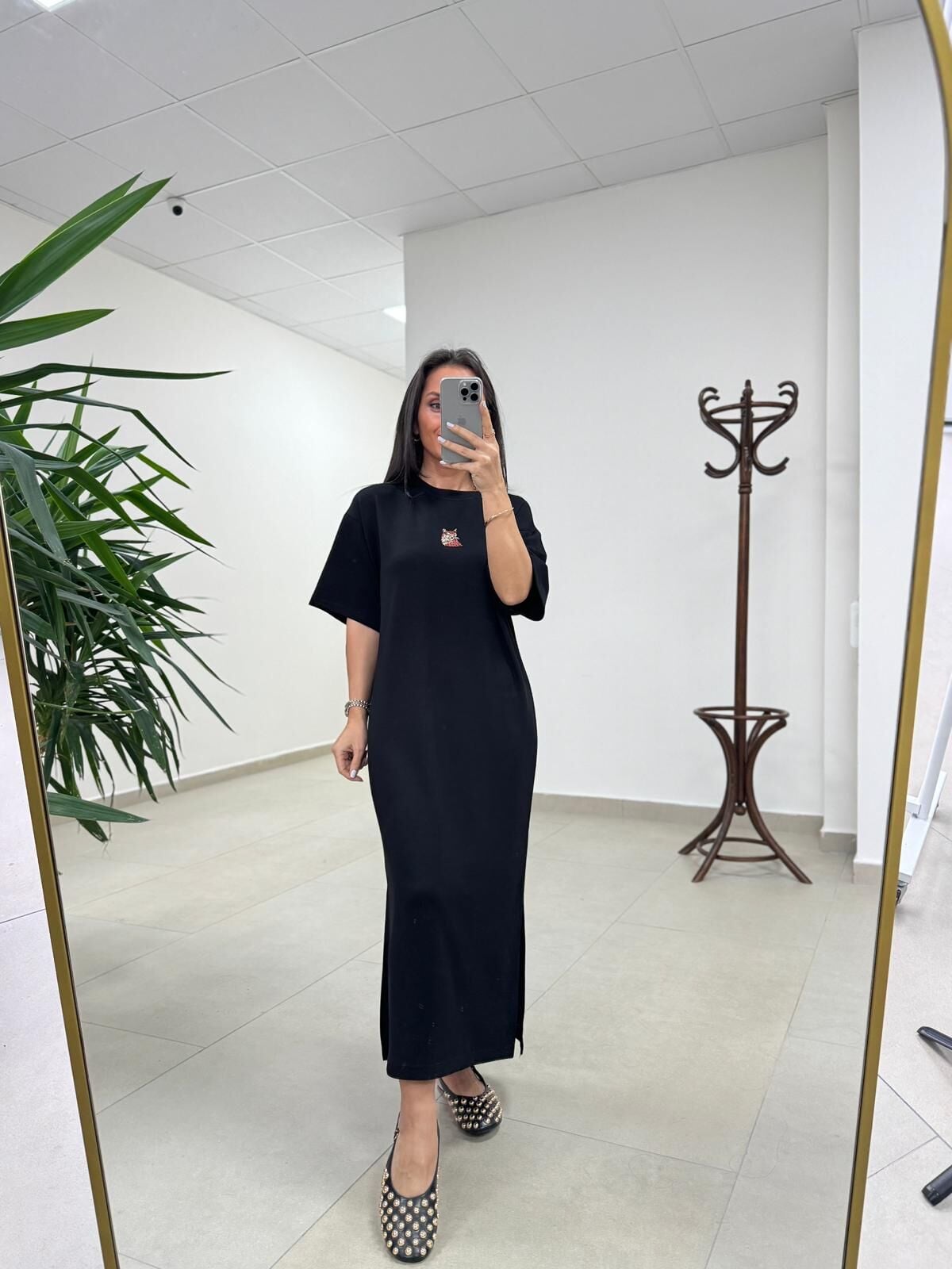 Bh 09512 Figür Detaylı Modal Siyah Midi Elbise