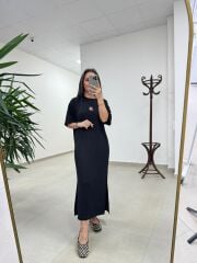 Bh 09512 Figür Detaylı Modal Siyah Midi Elbise
