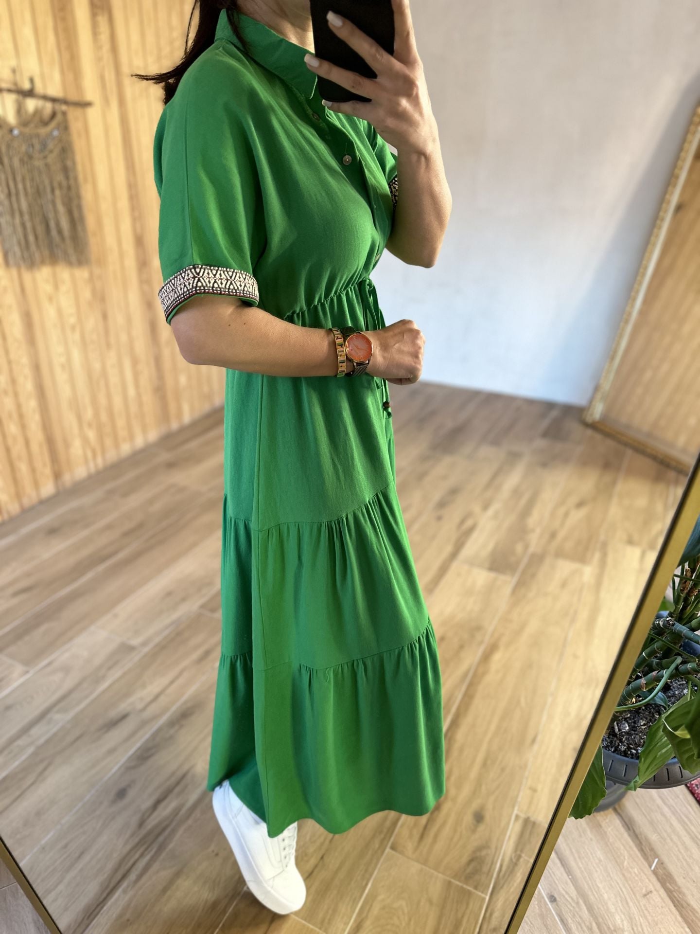 My 3080 Gömlek yaka pamuk keten yeşil elbise