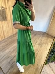 My 3080 Gömlek yaka pamuk keten yeşil elbise