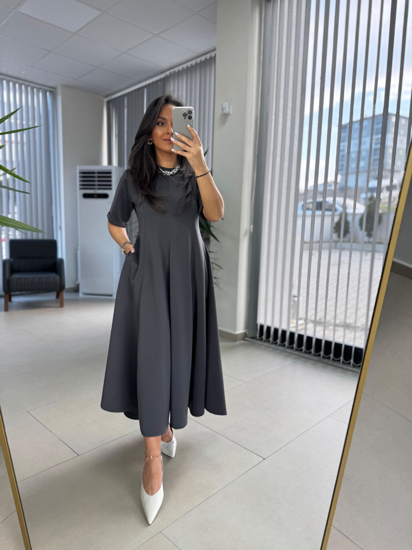 Dr 8342 Tasarım Antrasit Modal Çan Elbise