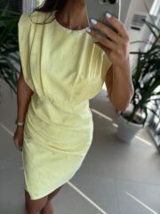 My 3794 Omuz Pile Detaylı Sarı Taşlı Elbise