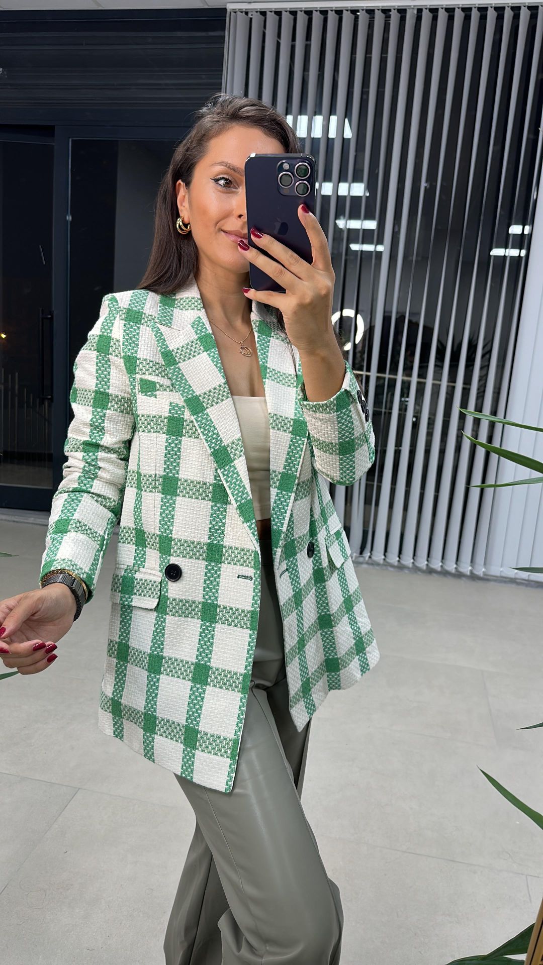 Green White Checkered Tweed Jacket
