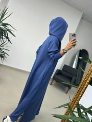 Dr 8137 Mavi Fermuarlı Kapüşonlu Modal Elbise