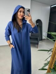 Dr 8137 Mavi Fermuarlı Kapüşonlu Modal Elbise