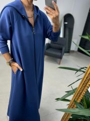 Dr 8137 Mavi Fermuarlı Kapüşonlu Modal Elbise