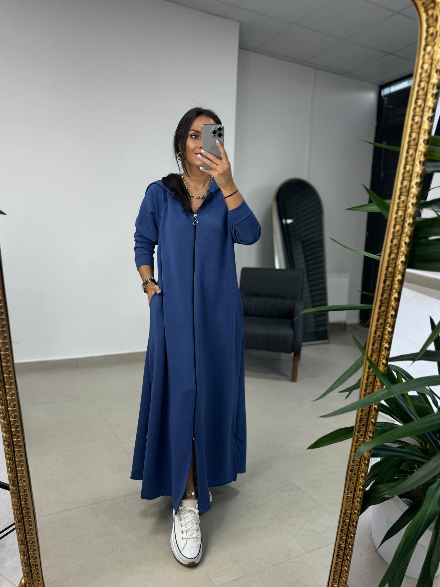 Dr 8137 Blue Zippered Hooded Modal Dress