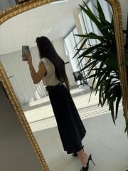 My 3930 Krem-Siyah Kombin Görünümlü Kemerli Elbise