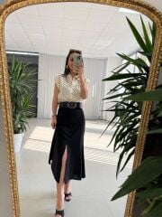 My 3930 Krem-Siyah Kombin Görünümlü Kemerli Elbise