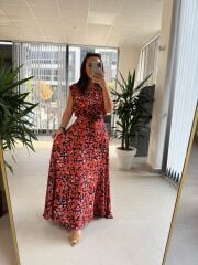 Cr 1040 Turuncu Çiçekli Viskon Elbise