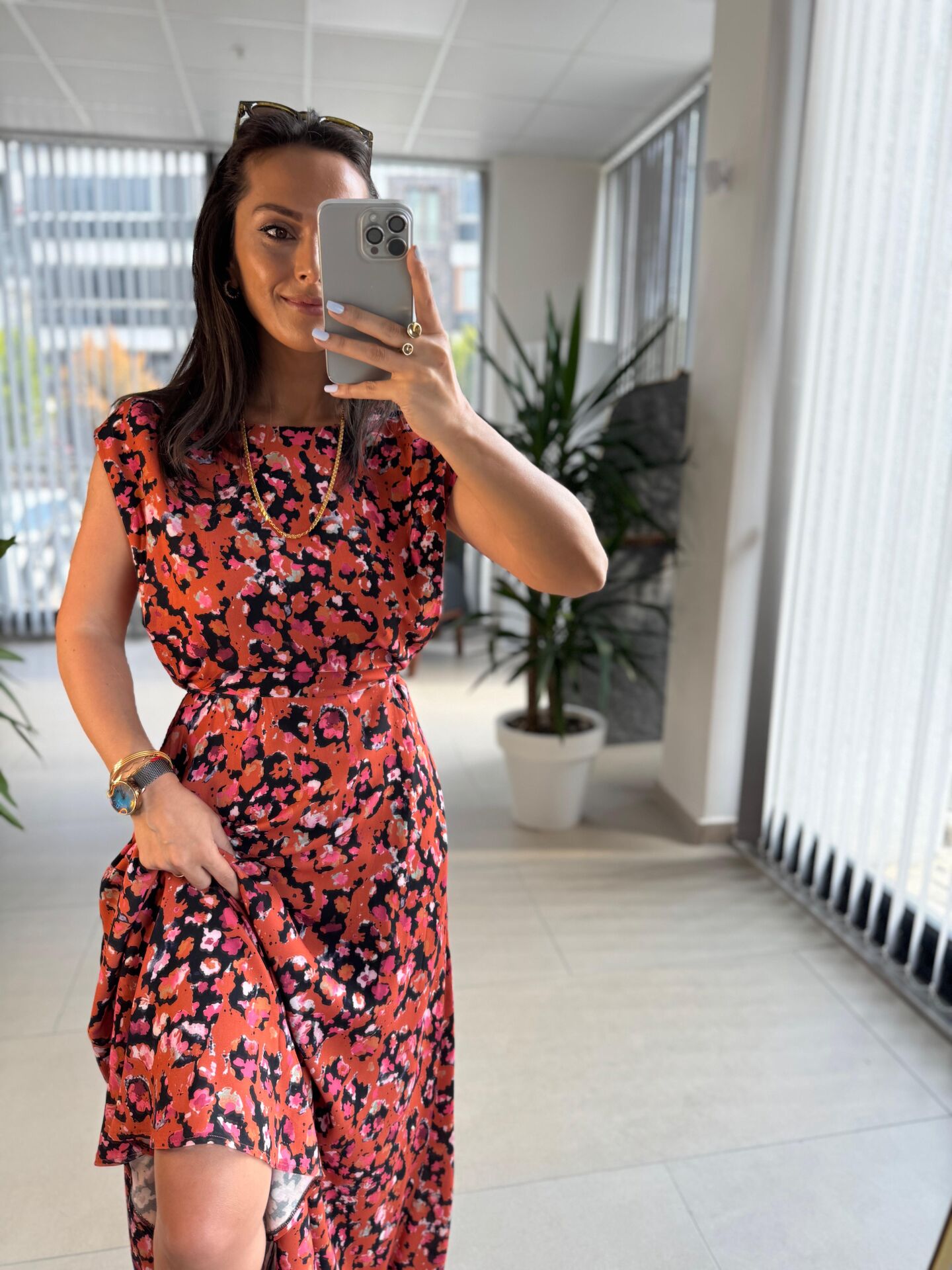 Cr 1040 Turuncu Çiçekli Viskon Elbise