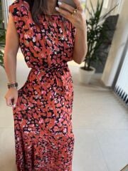 Cr 1040 Turuncu Çiçekli Viskon Elbise