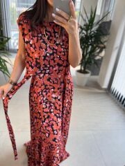 Cr 1040 Turuncu Çiçekli Viskon Elbise
